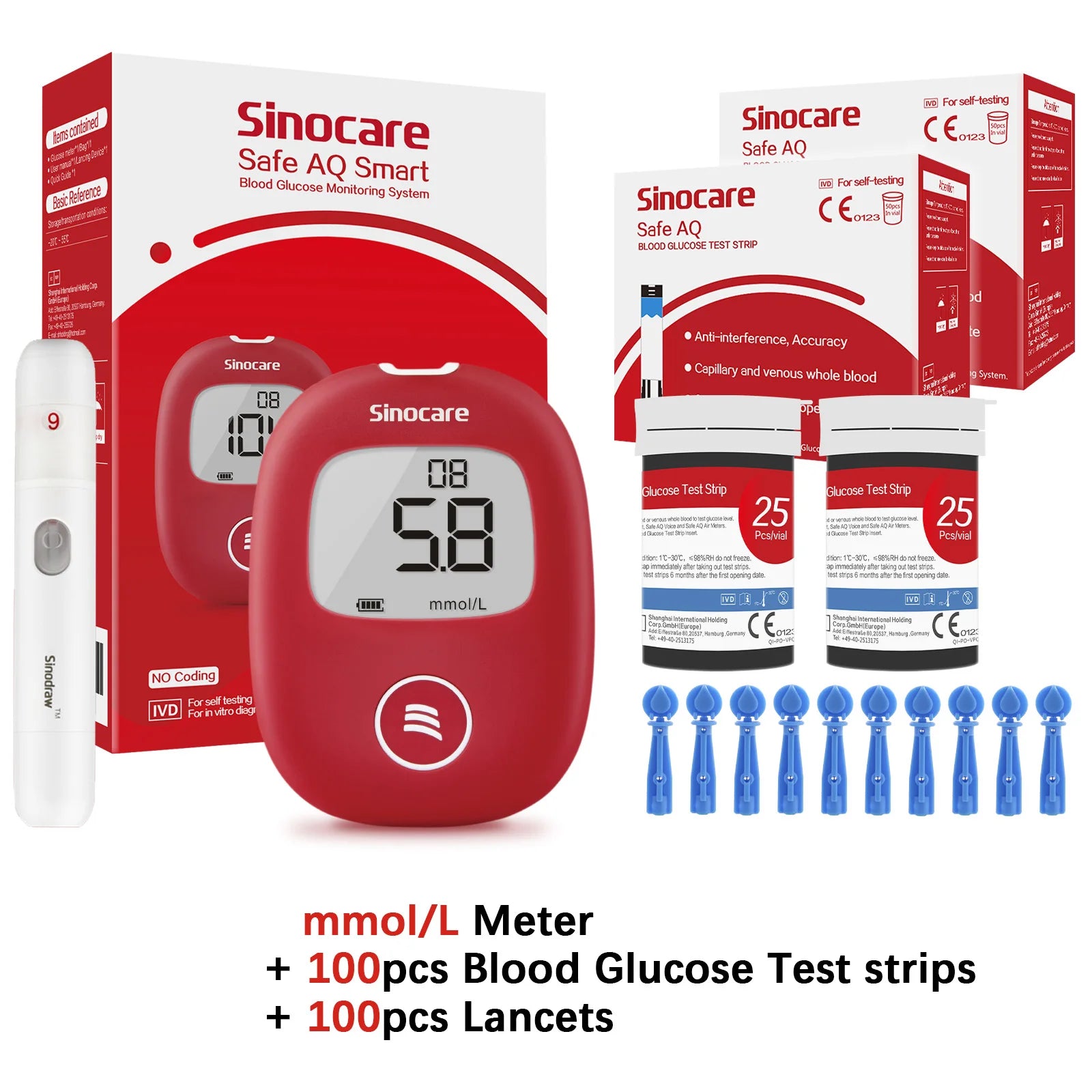 Safe AQ Blood Glucose Meter with Test Strips and Lancets: