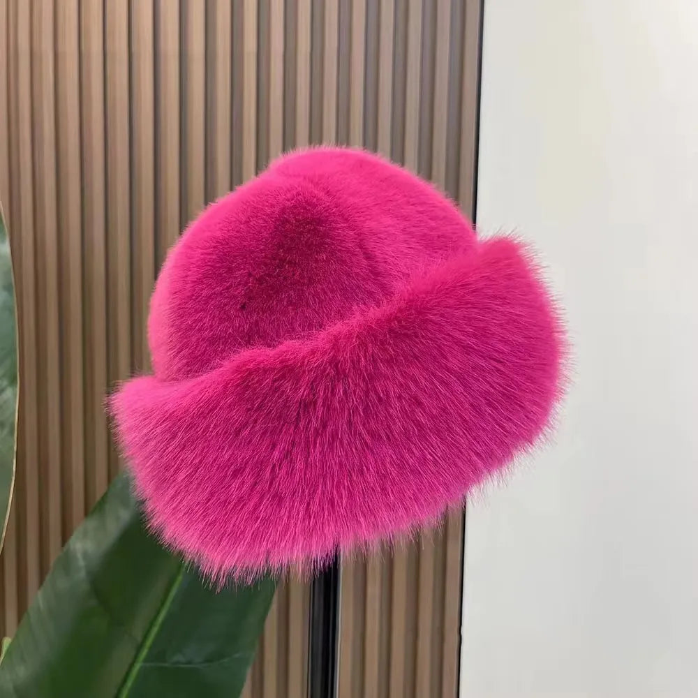 New Fluffy Fur Bucket Hat for Women: