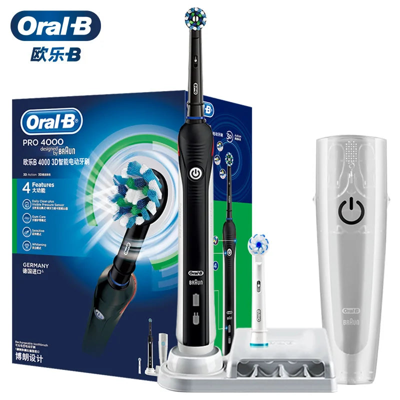 Oral B Electric Toothbrush Pro 4000 3D Action Daily Clean Teeth Visible Pressure Sensor 4 Modes Gum Cares Waterproof Rechargeabl