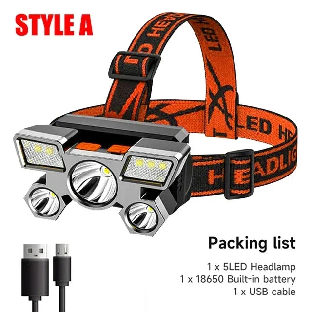 Super Bright 5 LED Head Flashlight - USB Rechargeable Headlamp