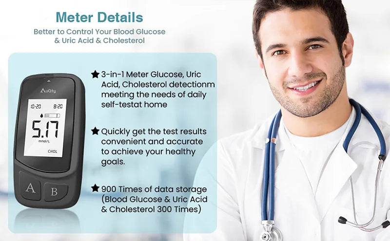 Upgraded 3-in-1 Multifunction Cholesterol, Uric Acid, and Blood Sugar Meter: