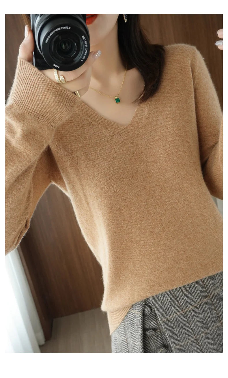 New Cashmere Women's V-neck Pullover Lace Neck Hollow Out Design Sweater: