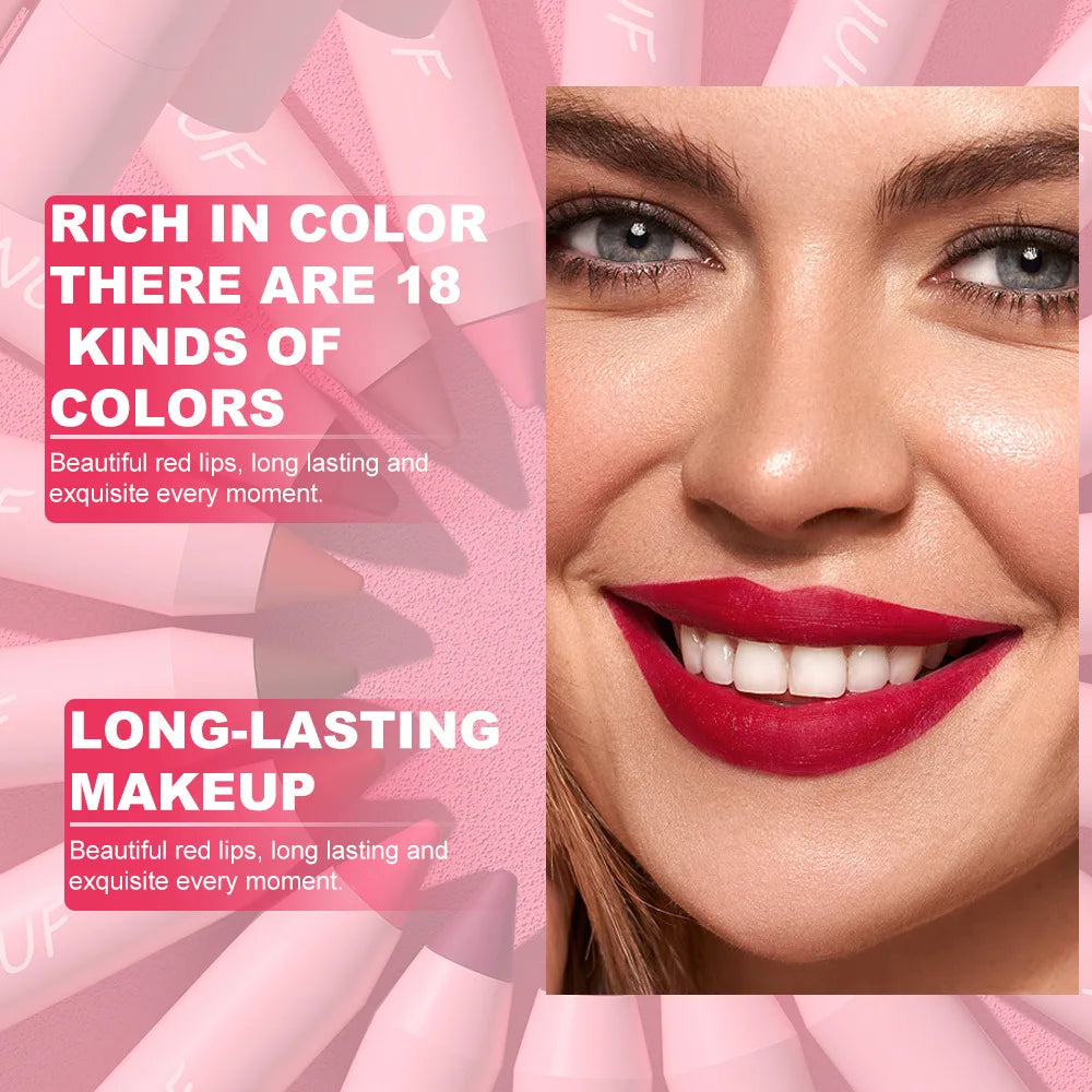 18-Colors Lipstick Pencil - Waterproof Sexy Red Matte Lip Contour Tint