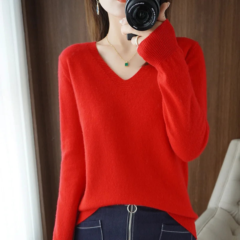 New Cashmere Women's V-neck Pullover Lace Neck Hollow Out Design Sweater: