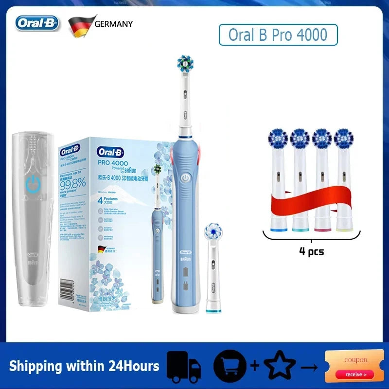 Oral B Electric Toothbrush Pro 4000 3D Action Daily Clean Teeth Visible Pressure Sensor 4 Modes Gum Cares Waterproof Rechargeabl