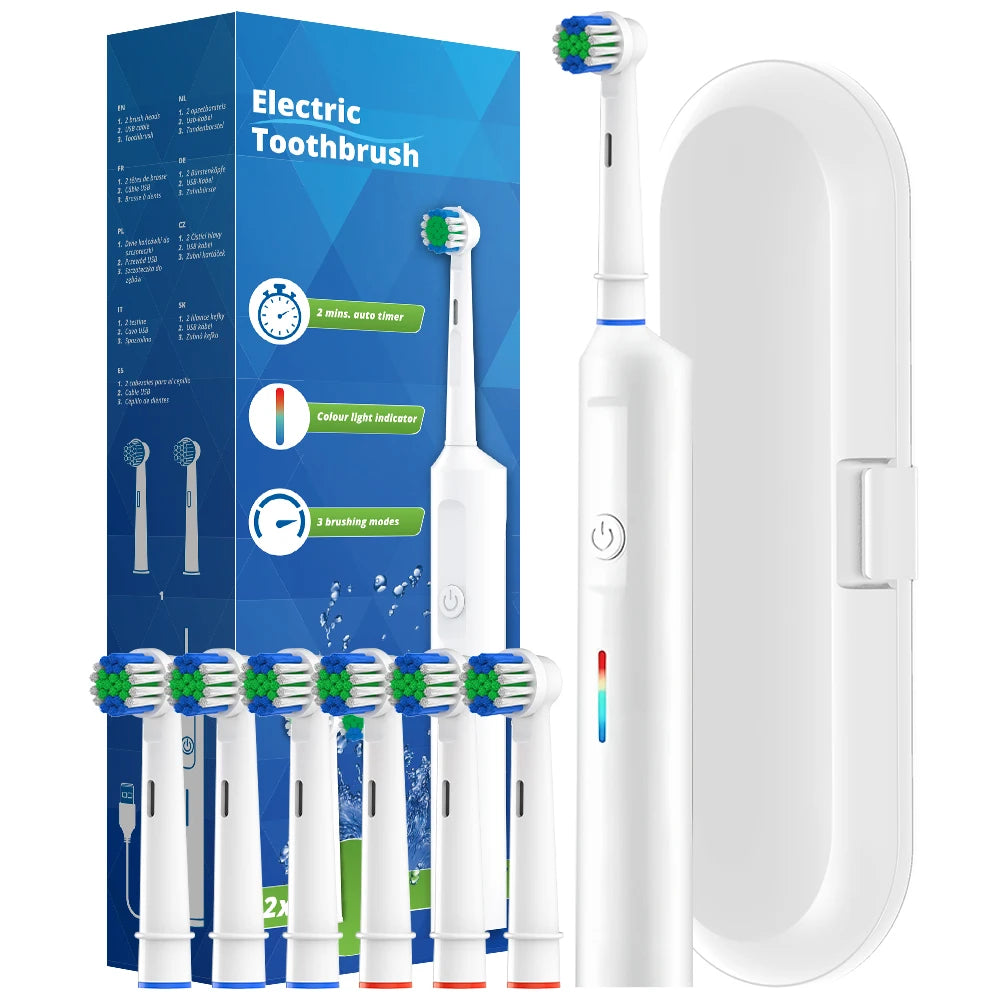 Smart Rotary Electric Toothbrush, Rechargeable Rotating Toothbrushes with 6 Heads, Compatible with Oral B Replacement Brush Head