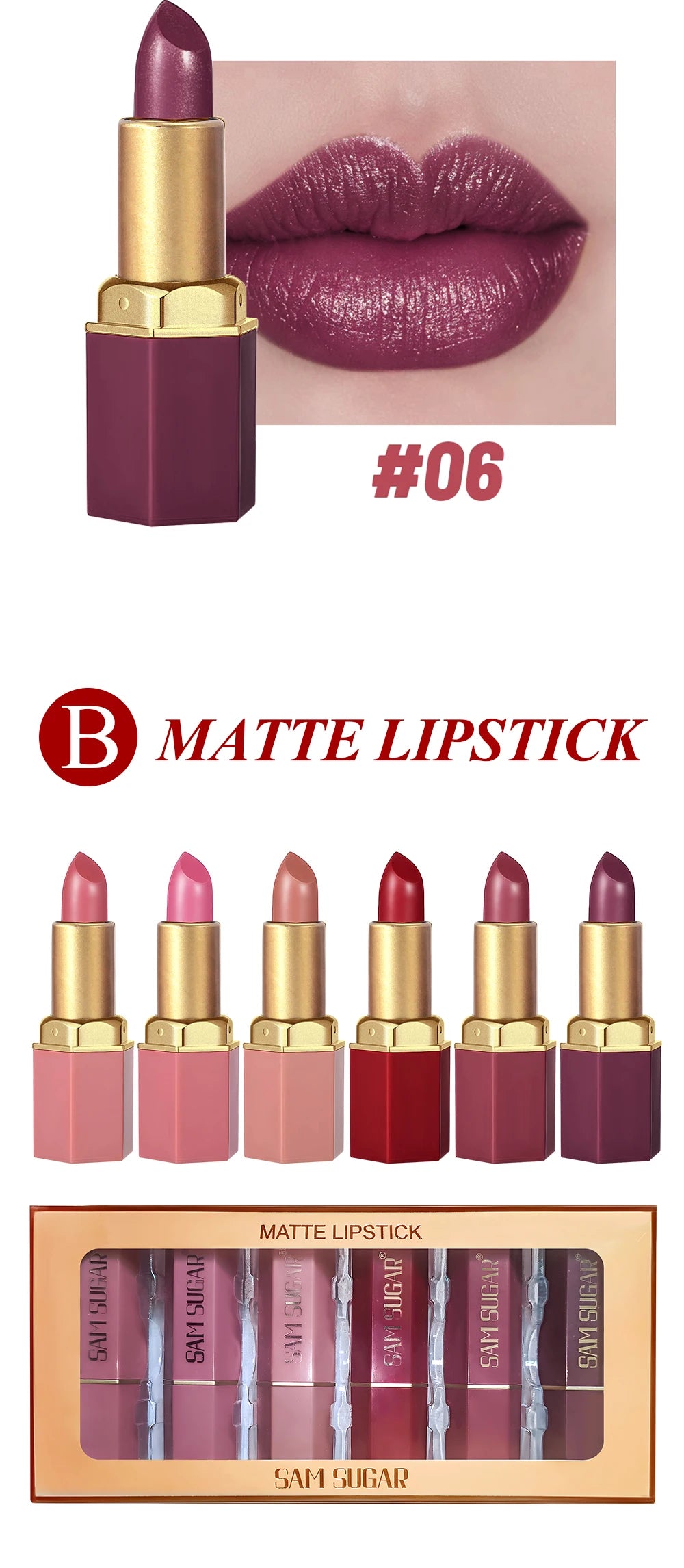 6PCS Gold Bar Matte & Glitter Lipstick Set – Velvet Pearlescent Finish