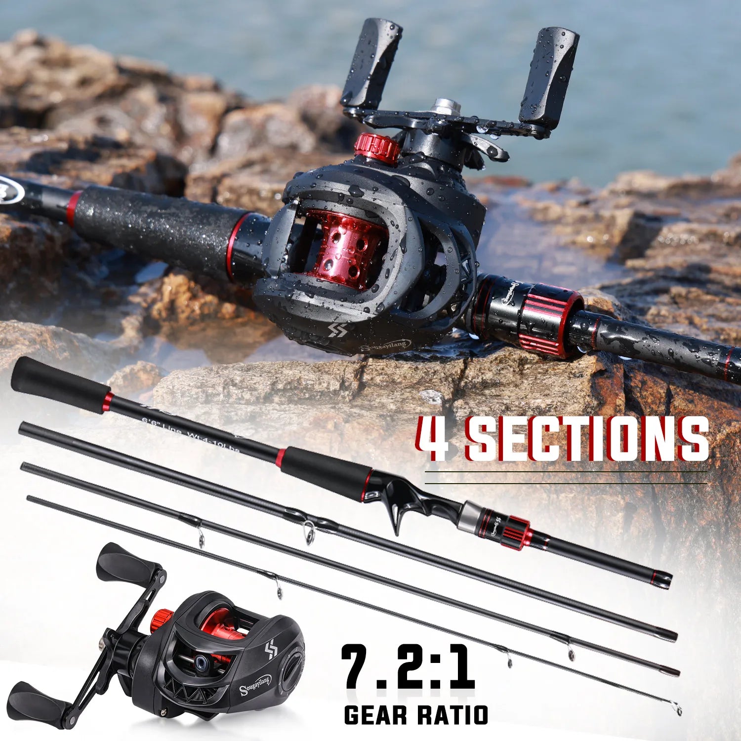 Sougayilang ProCast™ Carbon Baitcasting Combo – 1.8~2.1m Rod + 7.2:1 Reel