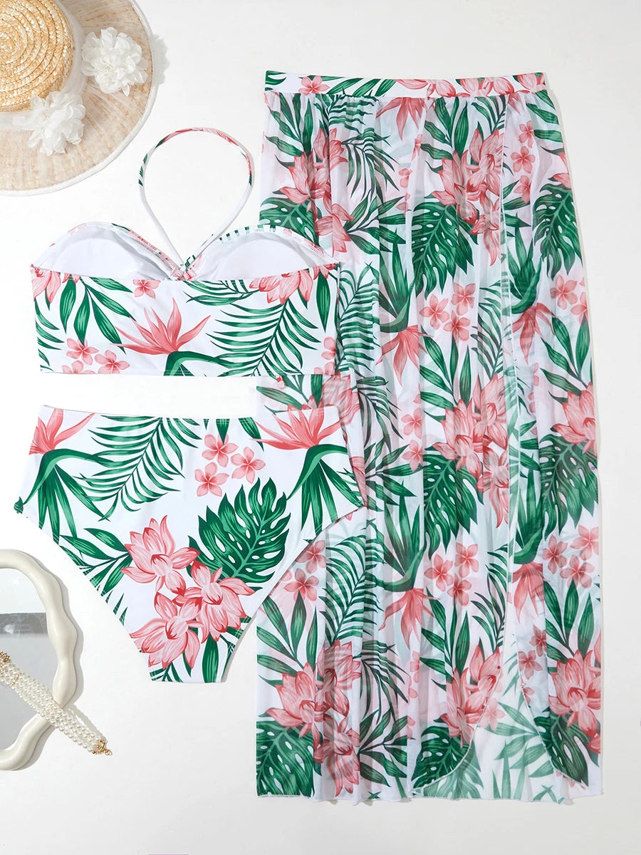 2024 Plus Size 3-Piece Halter Bikini Set with Long Skirt