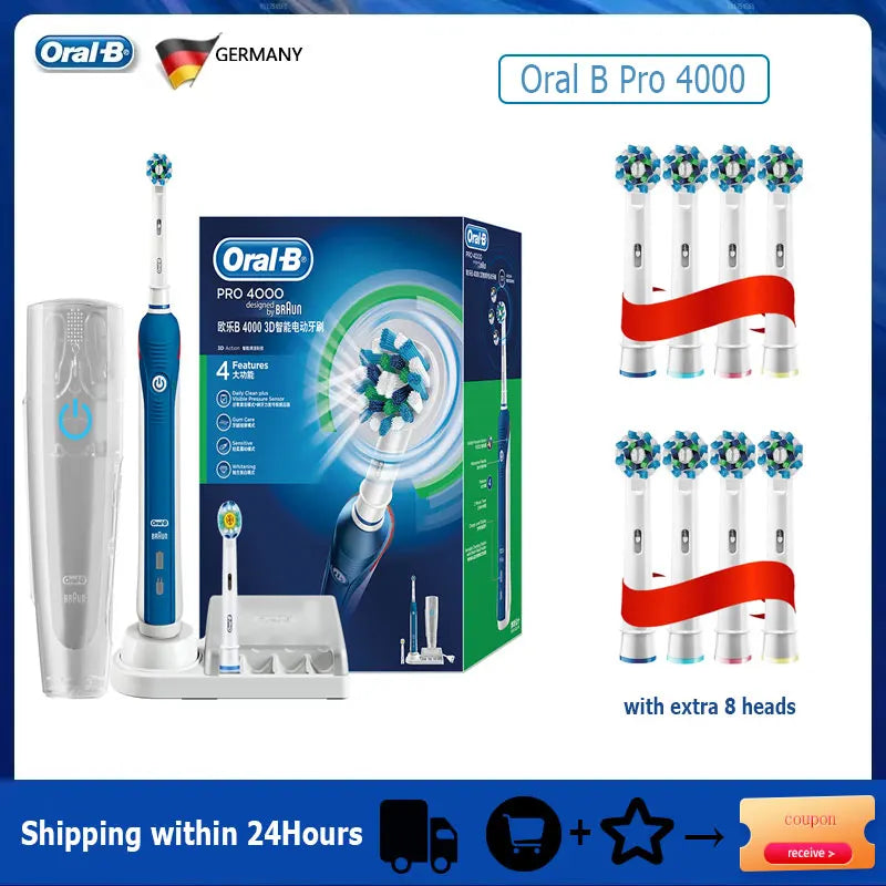 Oral B Electric Toothbrush Pro 4000 3D Action Daily Clean Teeth Visible Pressure Sensor 4 Modes Gum Cares Waterproof Rechargeabl