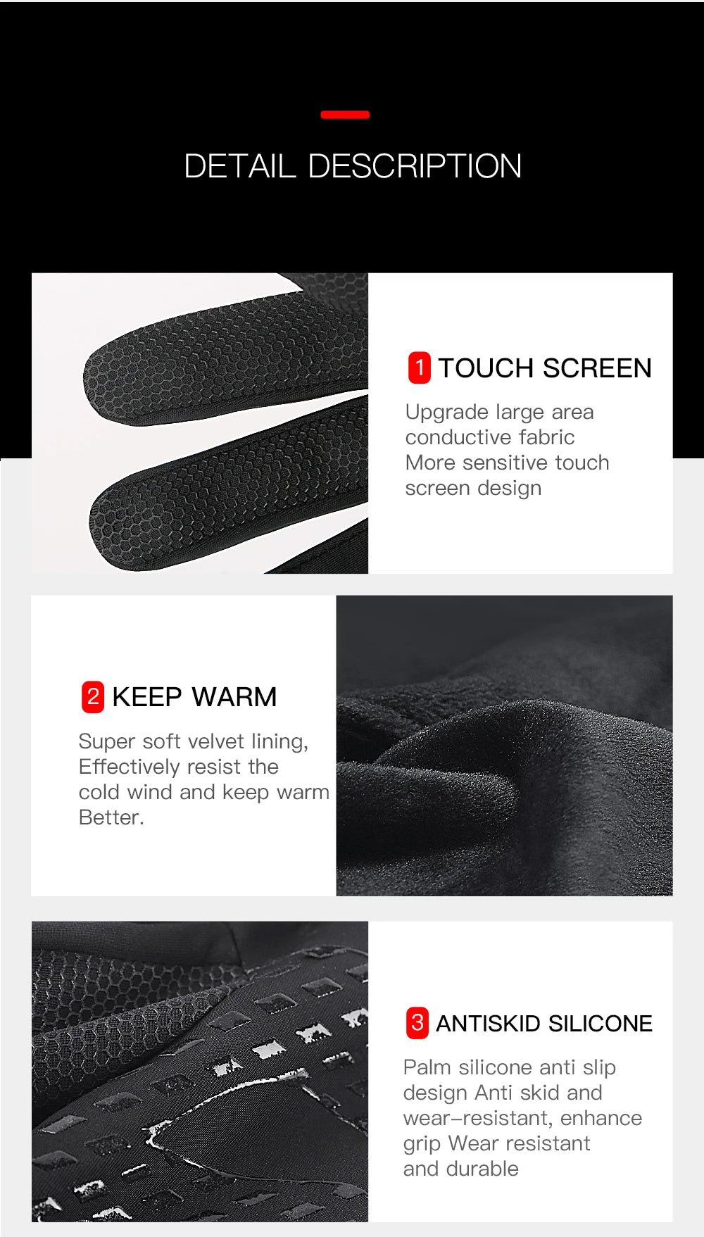 Winter Gloves Man Sports Bike Snow Bicycle Gloves Touchscreen Windstop Silicone Cycling Gloves Black Waterproof Bike Gloves