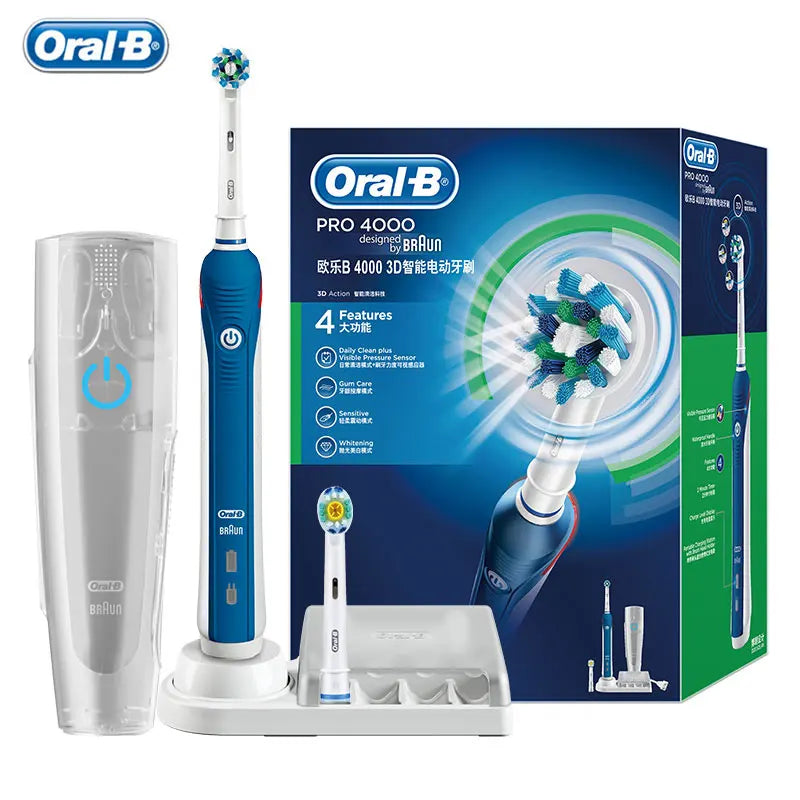 Oral B Electric Toothbrush Pro 4000 3D Action Daily Clean Teeth Visible Pressure Sensor 4 Modes Gum Cares Waterproof Rechargeabl