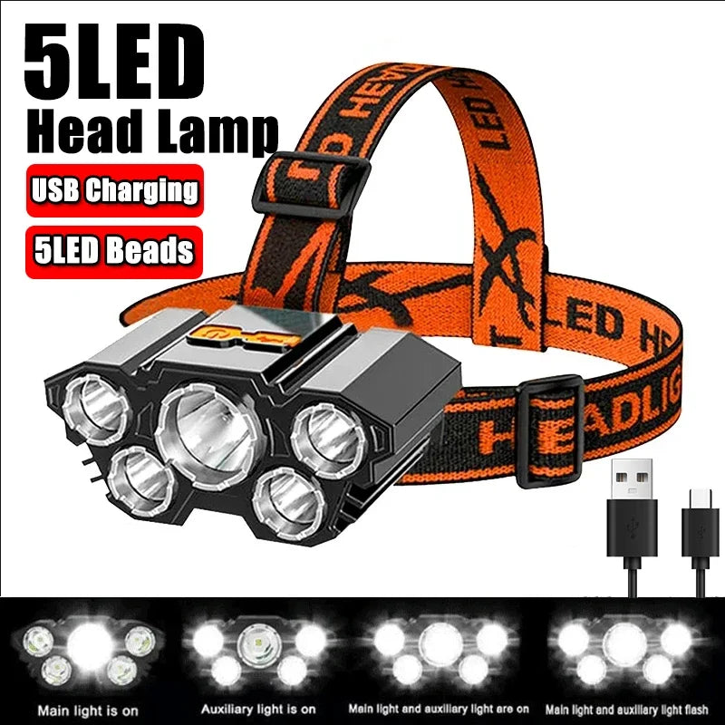 Super Bright 5 LED Head Flashlight - USB Rechargeable Headlamp