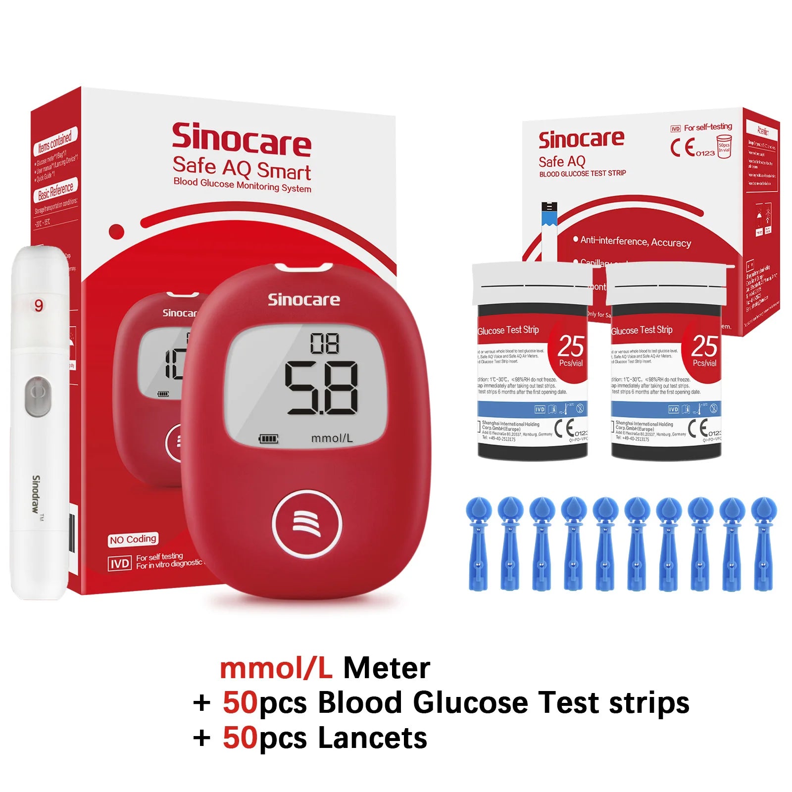 Safe AQ Blood Glucose Meter with Test Strips and Lancets: