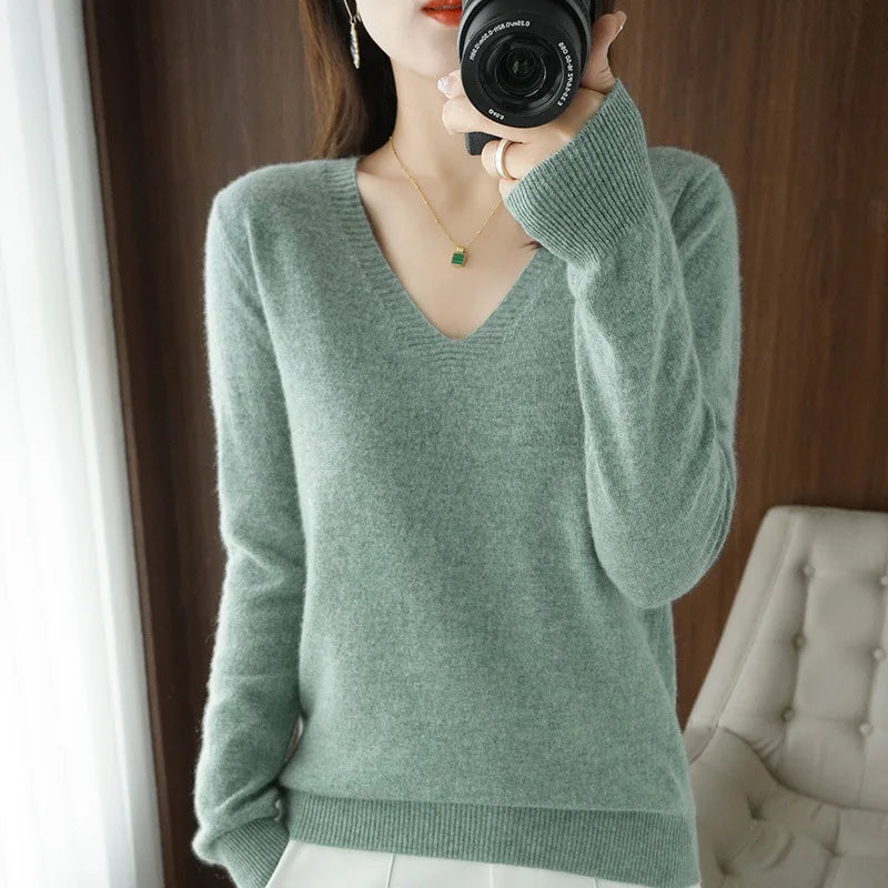 New Cashmere Women's V-neck Pullover Lace Neck Hollow Out Design Sweater: