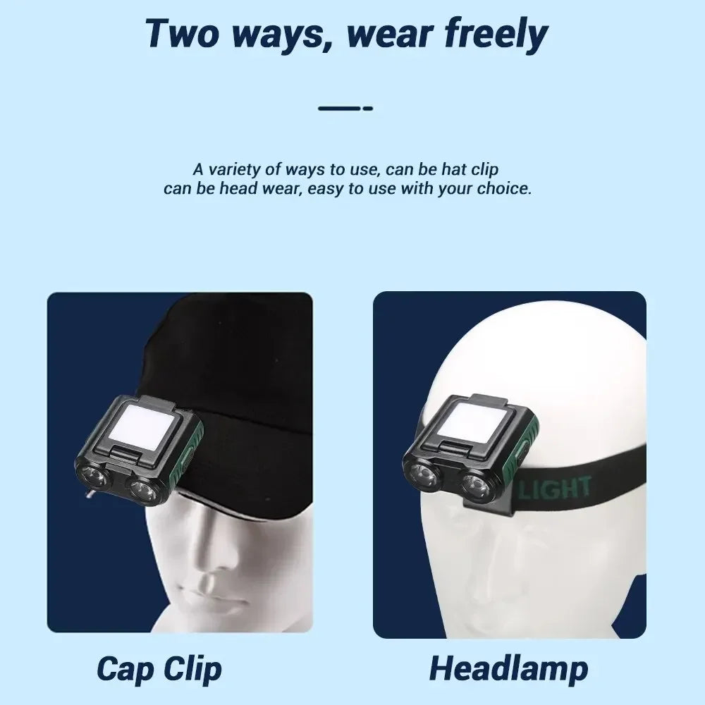 Sensor COB LED Headlamp Cap Clip Light: