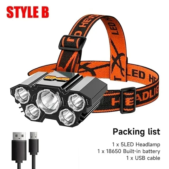 Super Bright 5 LED Head Flashlight - USB Rechargeable Headlamp