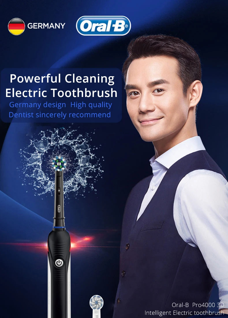 Oral B Electric Toothbrush Pro 4000 3D Action Daily Clean Teeth Visible Pressure Sensor 4 Modes Gum Cares Waterproof Rechargeabl