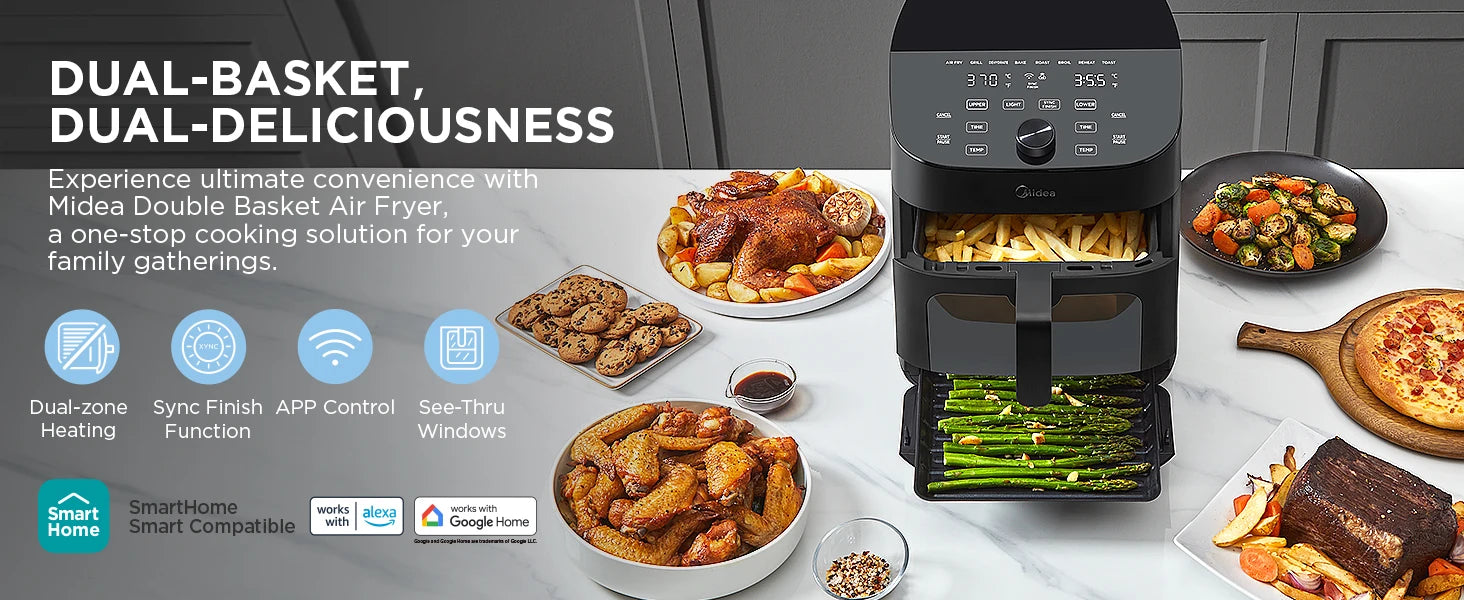 Midea Dual Basket Air Fryer Oven, 11Qt, Wi-Fi & Alexa Compatible