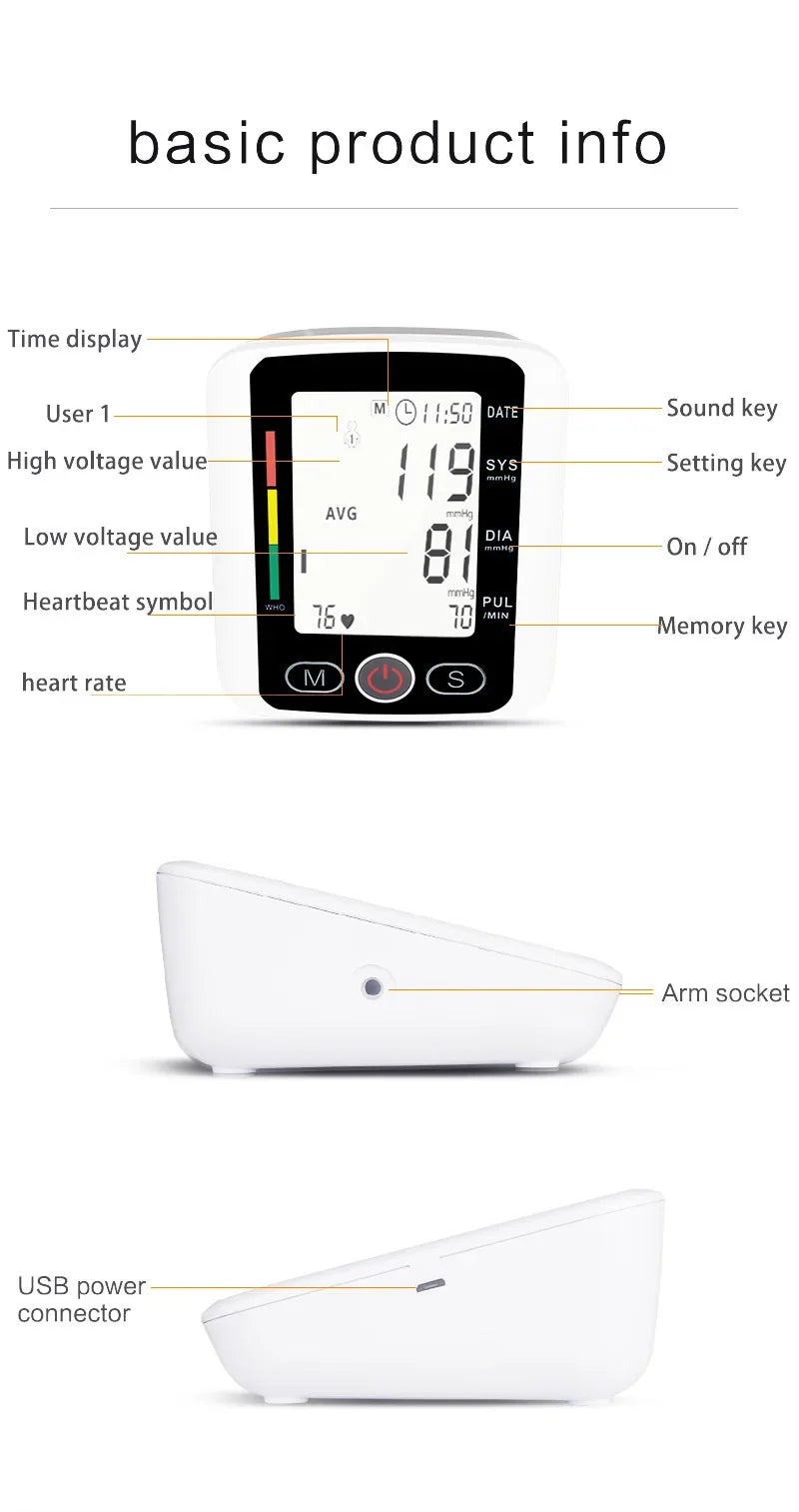 Portable Tonometer Digital Tensiometer Heart Rate Monitor Arm Blood Pressure Monitor BP Equipment Automatic Professional Medical