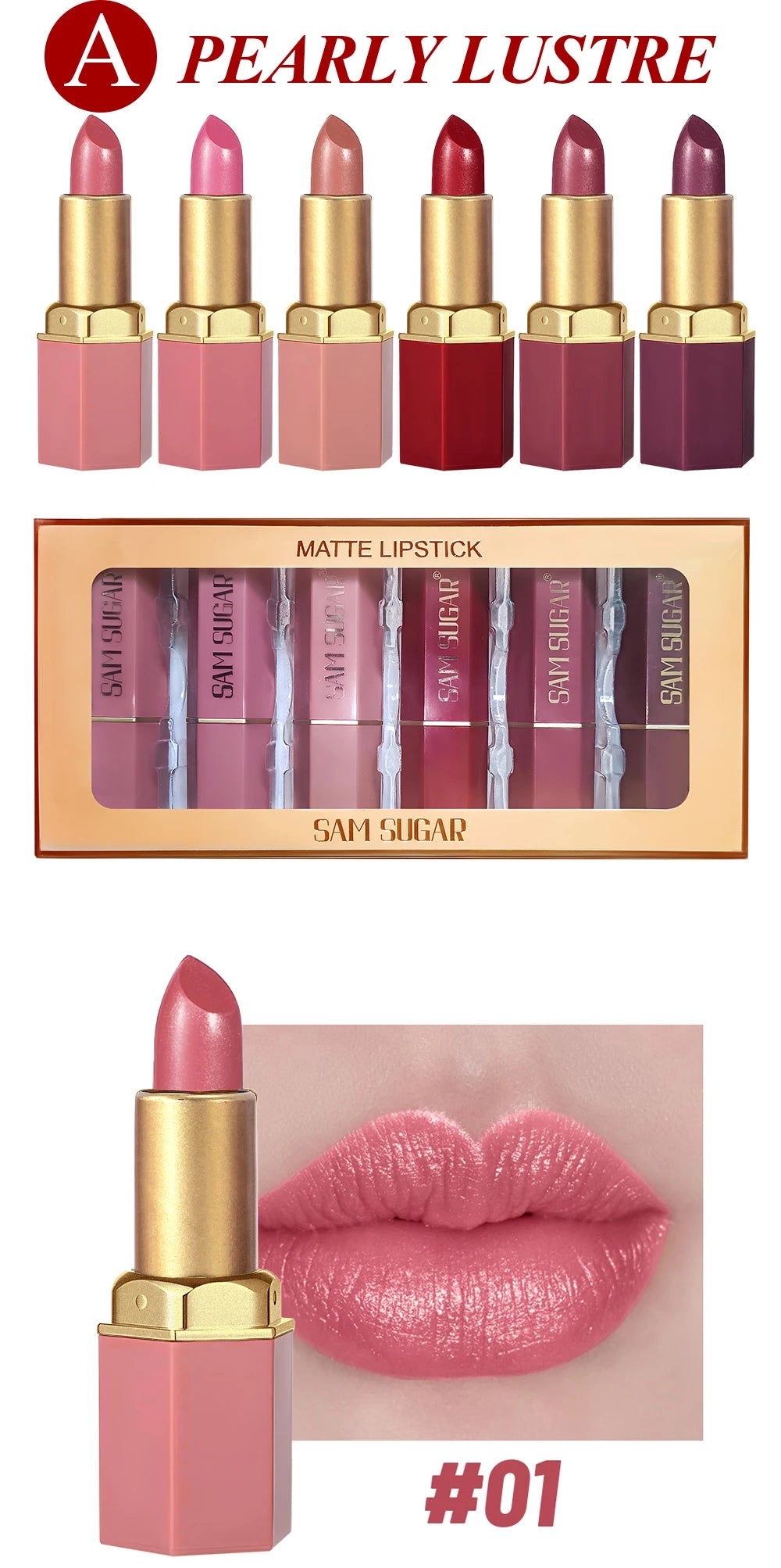 6PCS Gold Bar Matte & Glitter Lipstick Set – Velvet Pearlescent Finish