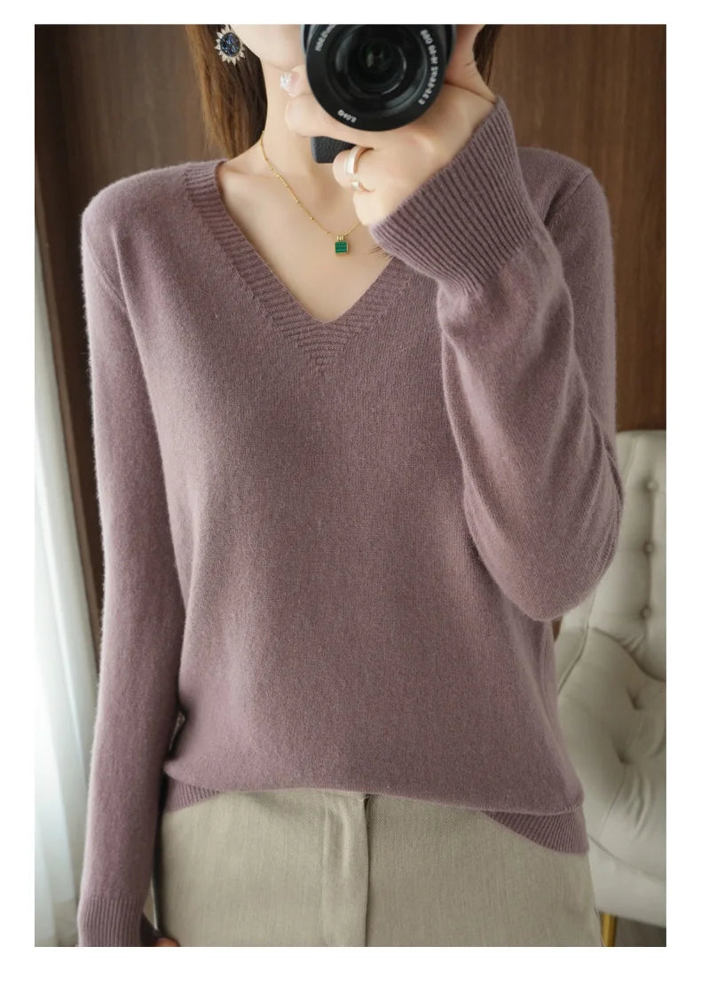 New Cashmere Women's V-neck Pullover Lace Neck Hollow Out Design Sweater: