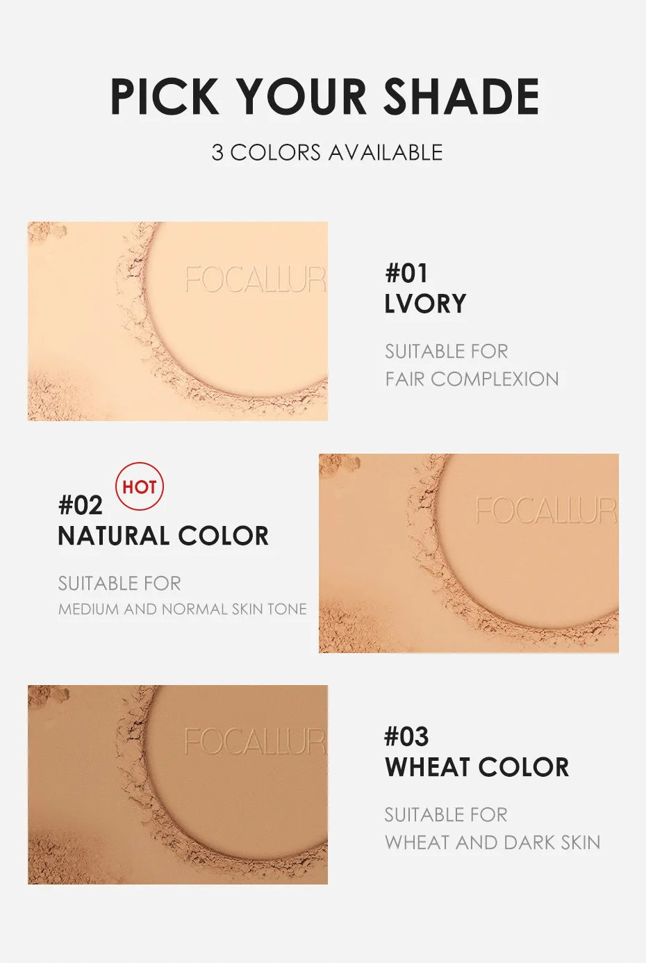 : FOCALLURE 3-Color Pressed Powder Foundation – Oil Control & Brightening