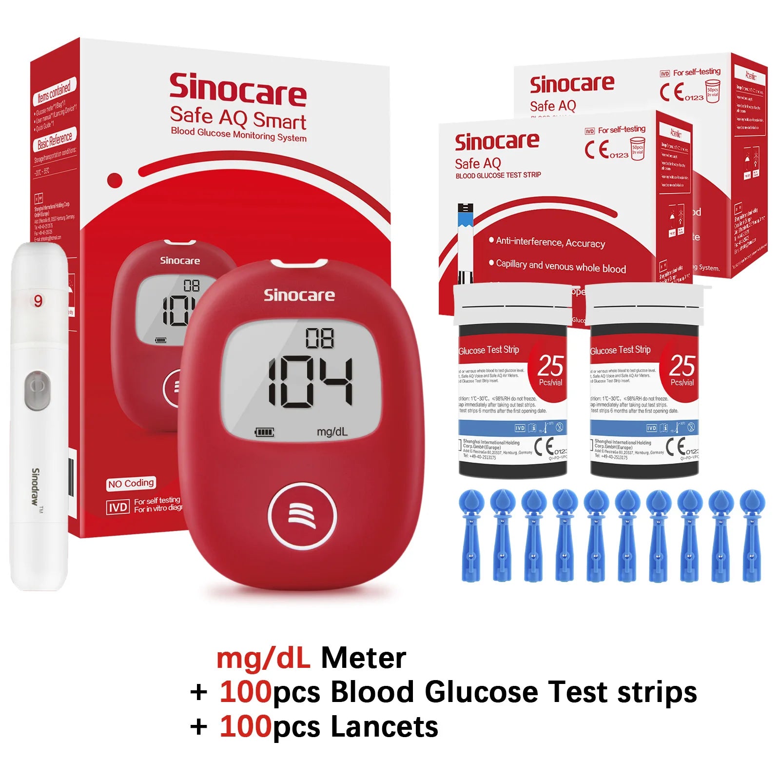 Safe AQ Blood Glucose Meter with Test Strips and Lancets: