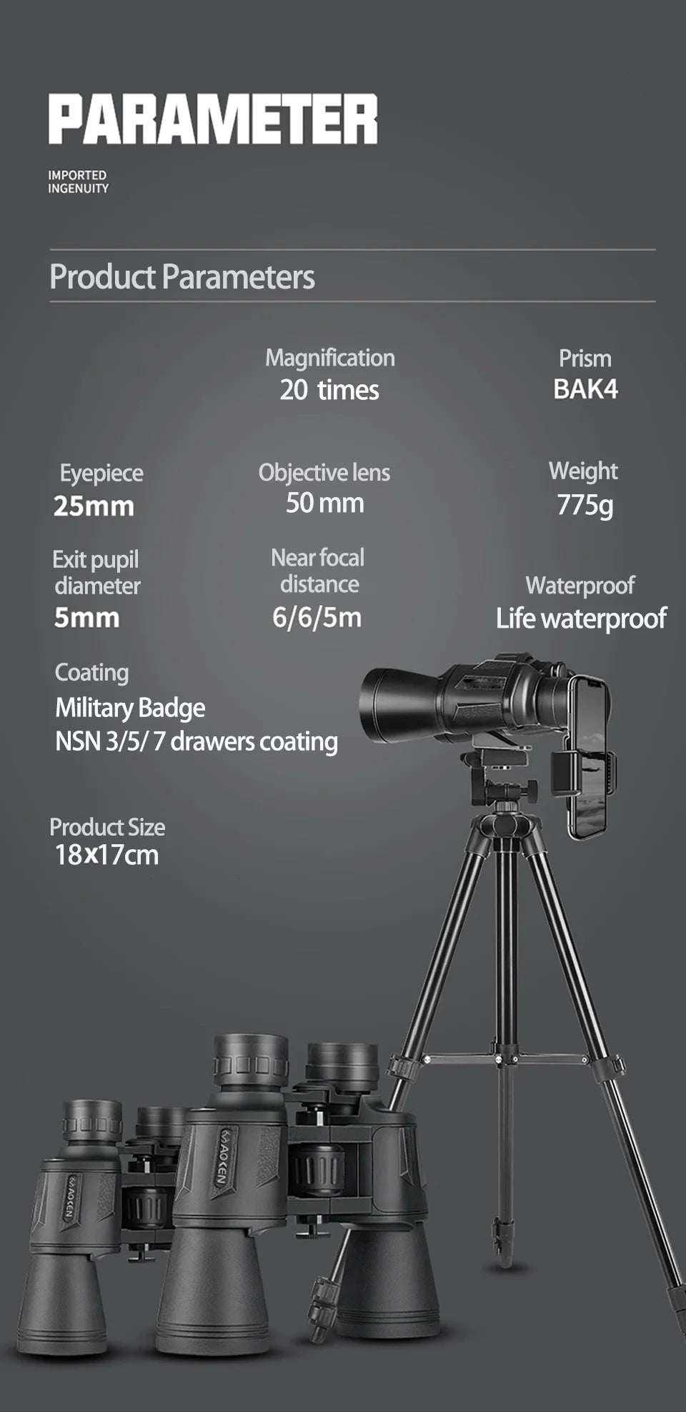 50000M German Military 20x50 Zoom Binoculars – HD BAK4 Prism Long Range Telescope for Outdoors