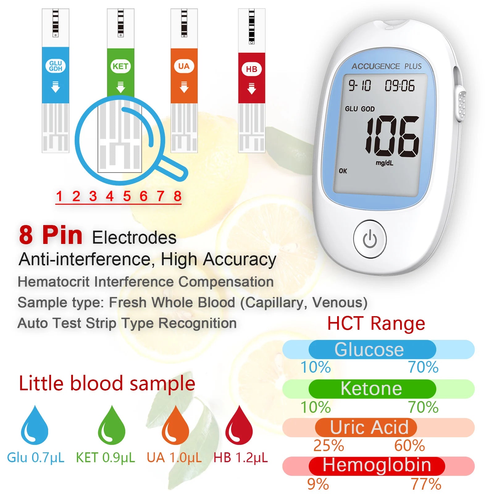 Multifunction Monitor Hemoglobin Blood Ketone Glucose Uric Acid Meter Test Strip