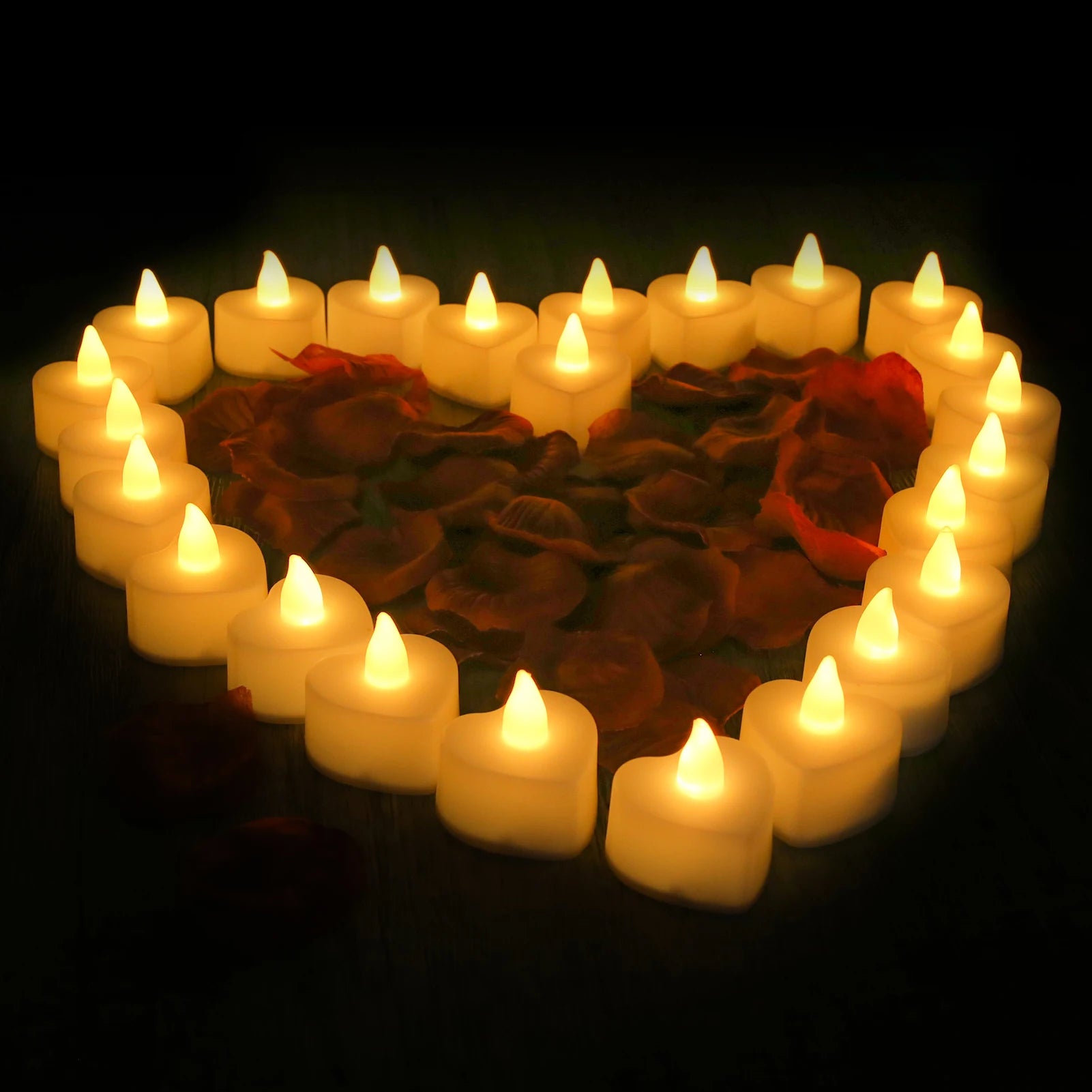 24/48 Pack Heart-Shaped LED Tea Lights – Romantic Rose Petal Decor