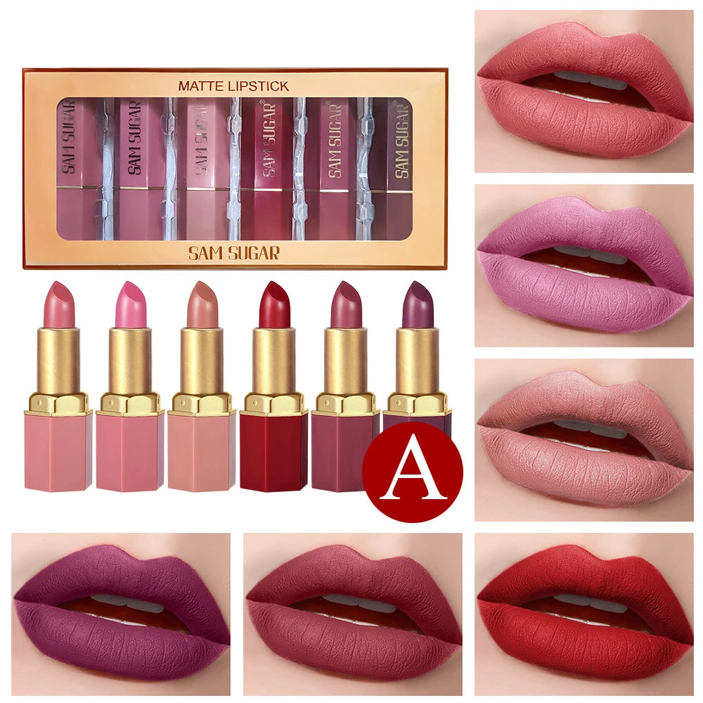6PCS Gold Bar Matte & Glitter Lipstick Set – Velvet Pearlescent Finish