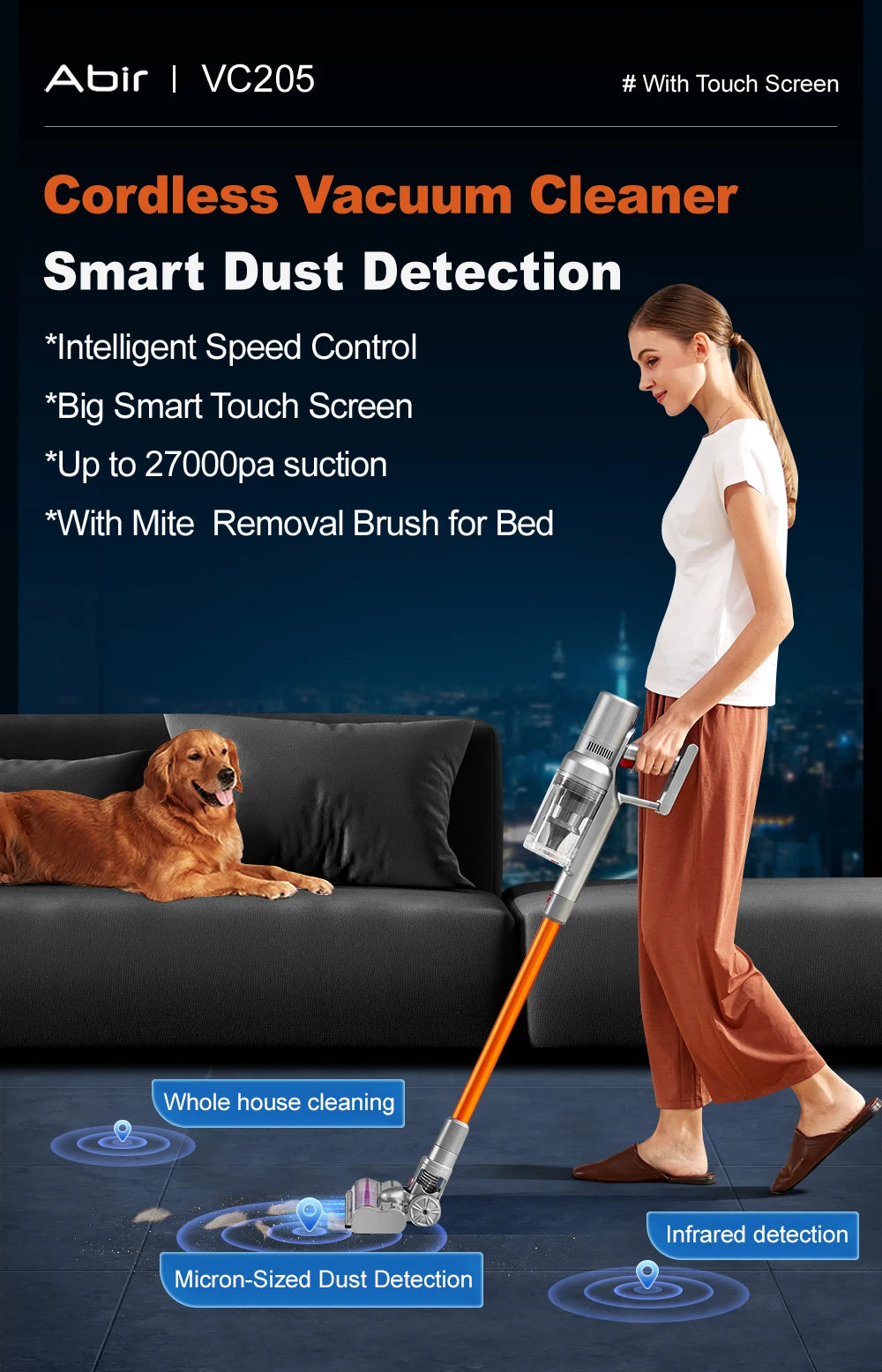 ABIR VC205 SmartForce™ Cordless Vacuum – 27000PA with Touch Display