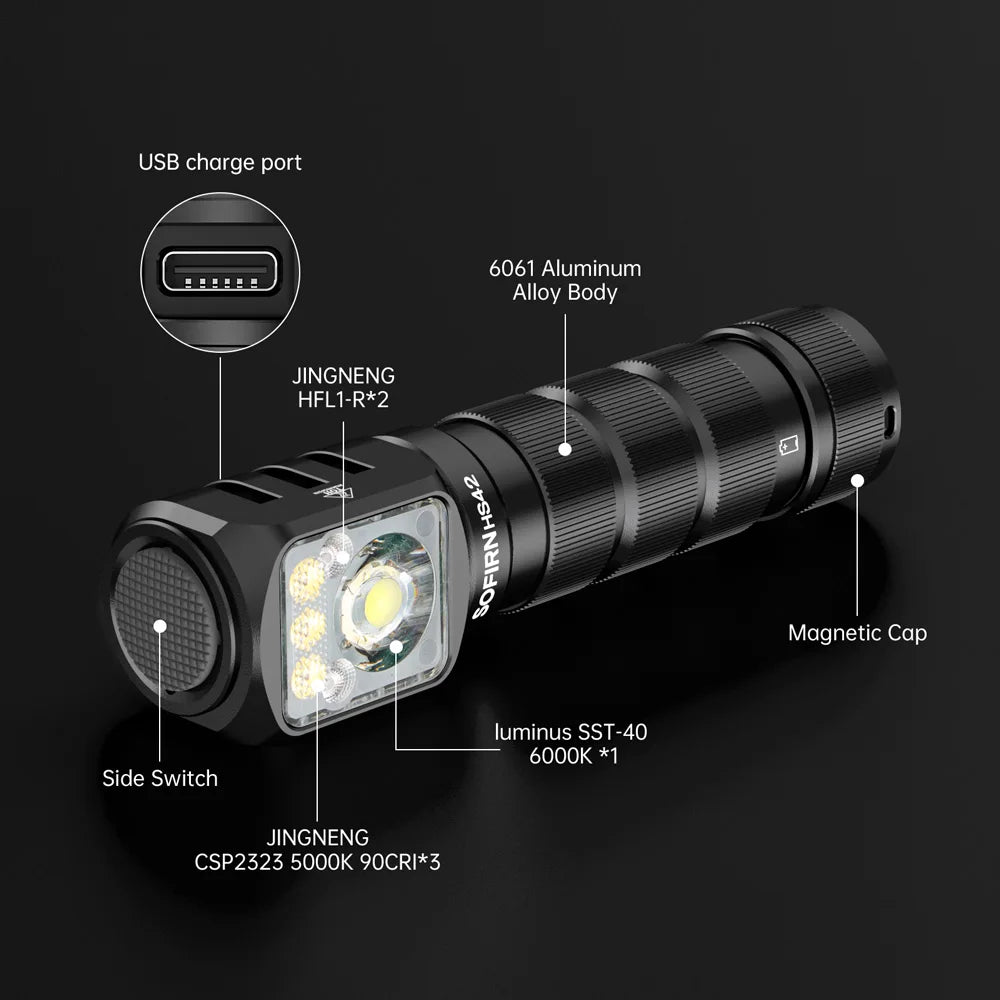 Sofirn HS42 Headlamp SST-40 18650 Rechargeable Torch 2100lm 6 LEDs with Red Light Spotlight Floodlight USB C with Magnet Tail: