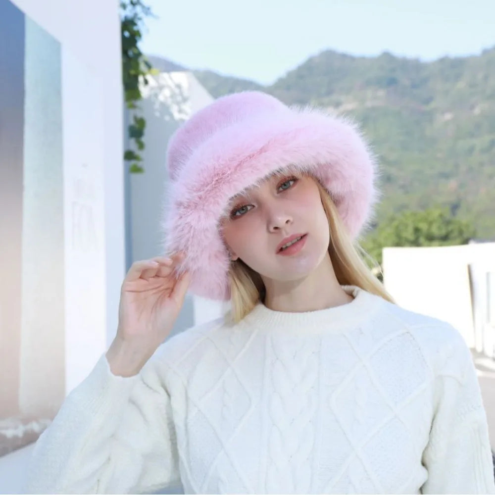 New Fluffy Fur Bucket Hat for Women: