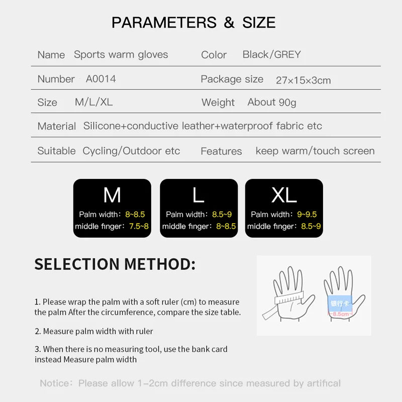 Winter Gloves Man Sports Bike Snow Bicycle Gloves Touchscreen Windstop Silicone Cycling Gloves Black Waterproof Bike Gloves