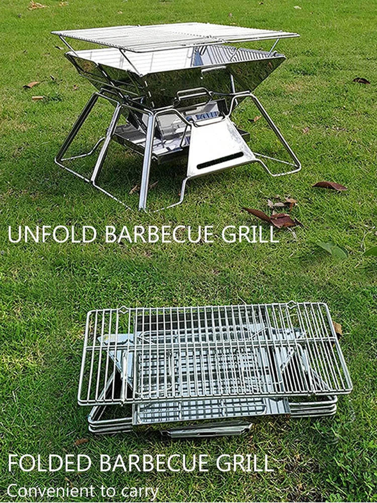 Folding Grill Fire Pit – Portable Stainless Steel BBQ & Camping Stove