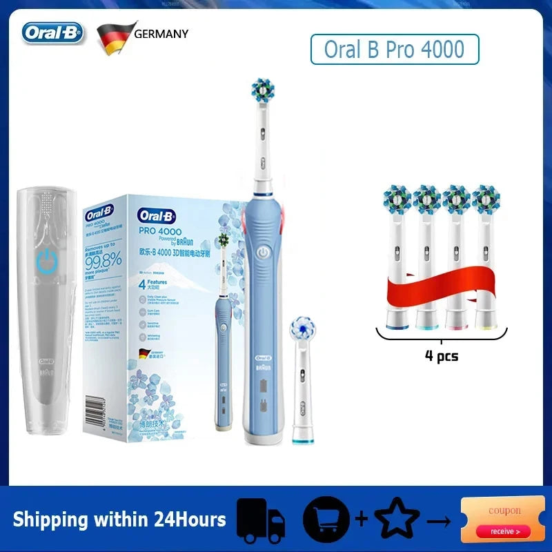 Oral B Electric Toothbrush Pro 4000 3D Action Daily Clean Teeth Visible Pressure Sensor 4 Modes Gum Cares Waterproof Rechargeabl