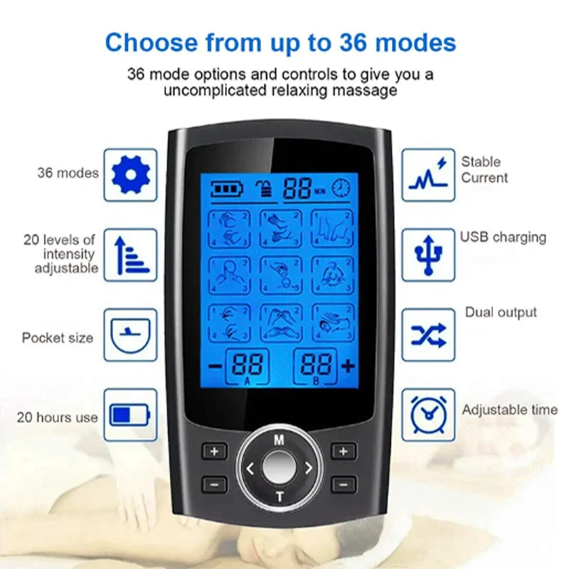 36-Mode TENS & EMS Muscle Stimulator – Digital Therapy Massager