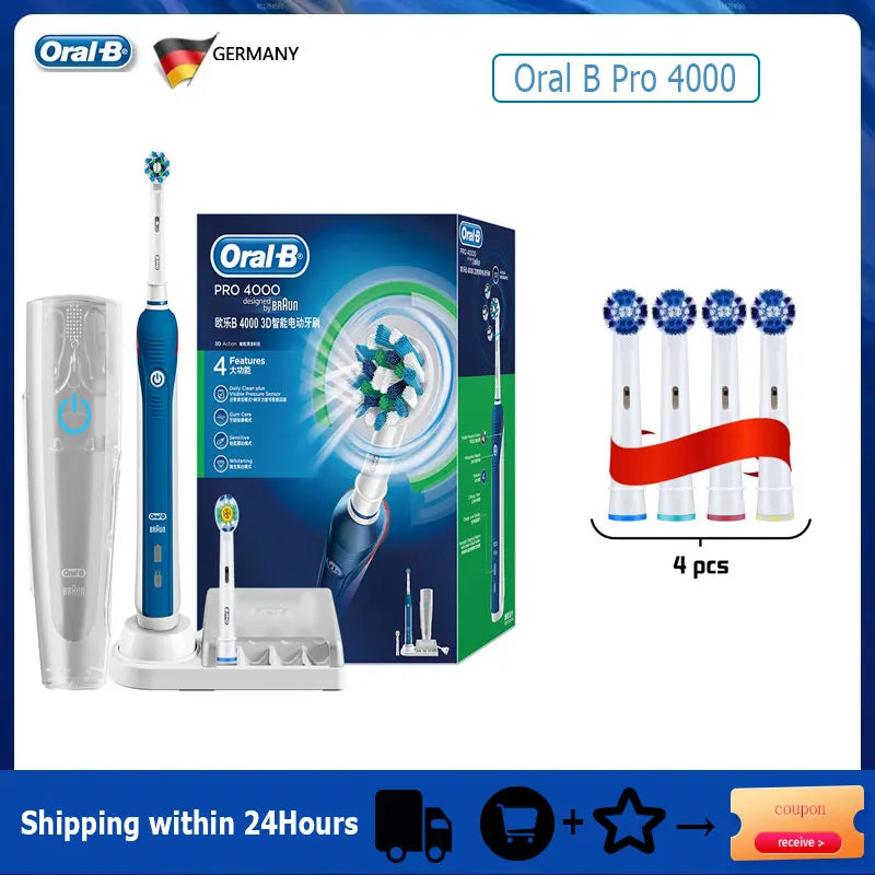 Oral B Electric Toothbrush Pro 4000 3D Action Daily Clean Teeth Visible Pressure Sensor 4 Modes Gum Cares Waterproof Rechargeabl