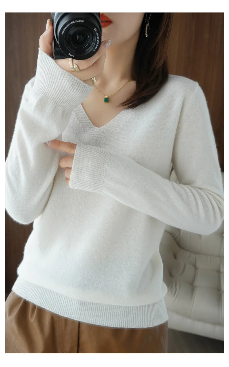 New Cashmere Women's V-neck Pullover Lace Neck Hollow Out Design Sweater: