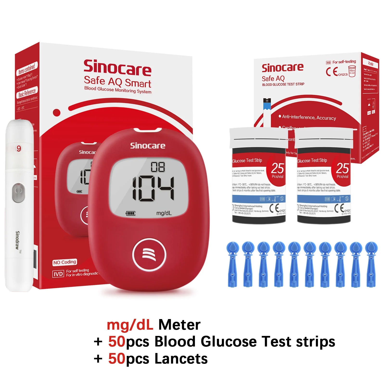 Safe AQ Blood Glucose Meter with Test Strips and Lancets: