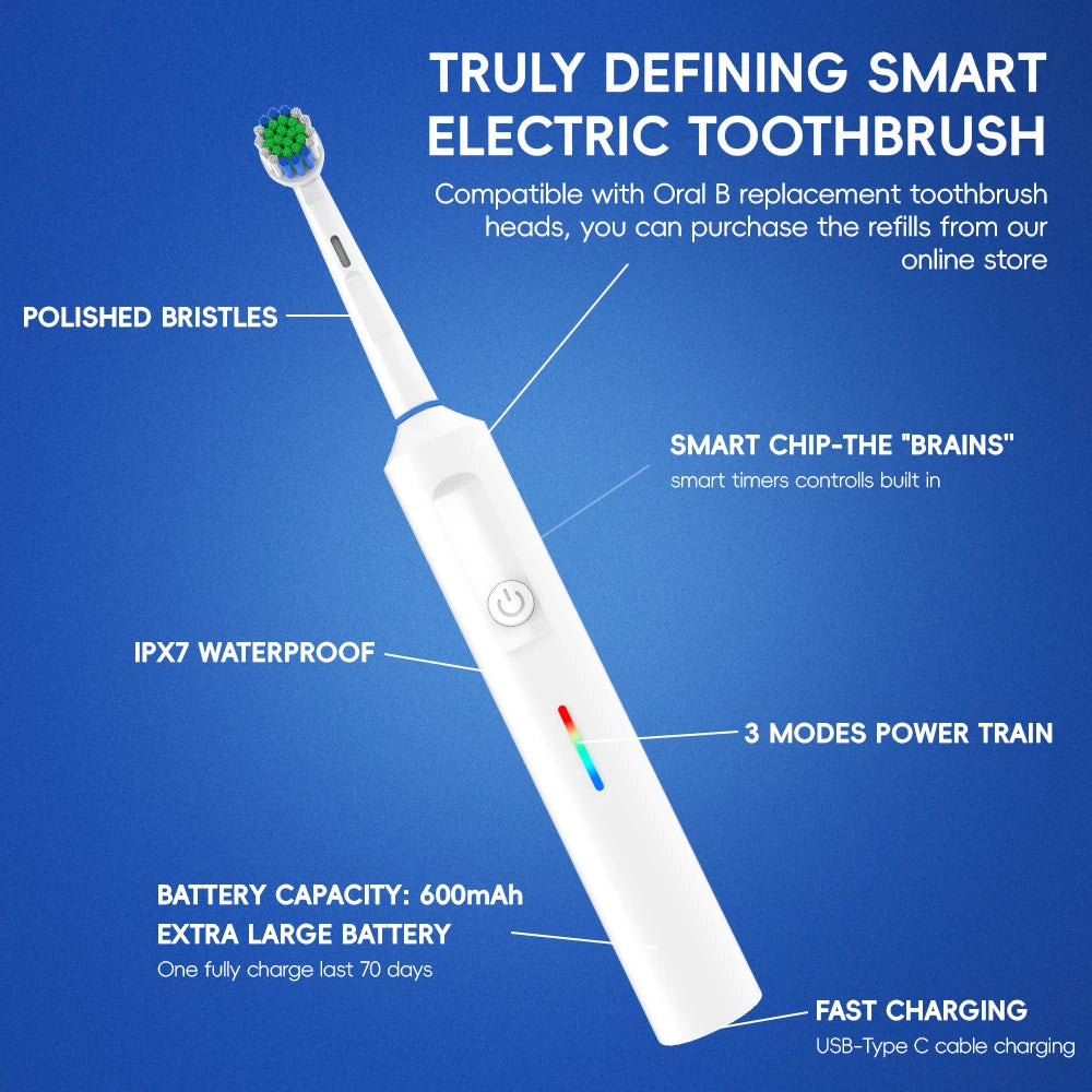 Smart Rotary Electric Toothbrush, Rechargeable Rotating Toothbrushes with 6 Heads, Compatible with Oral B Replacement Brush Head