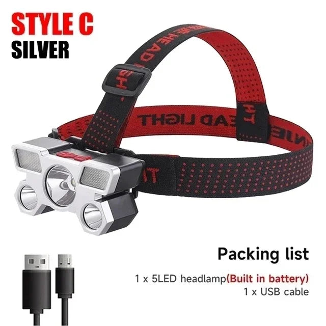 Super Bright 5 LED Head Flashlight - USB Rechargeable Headlamp