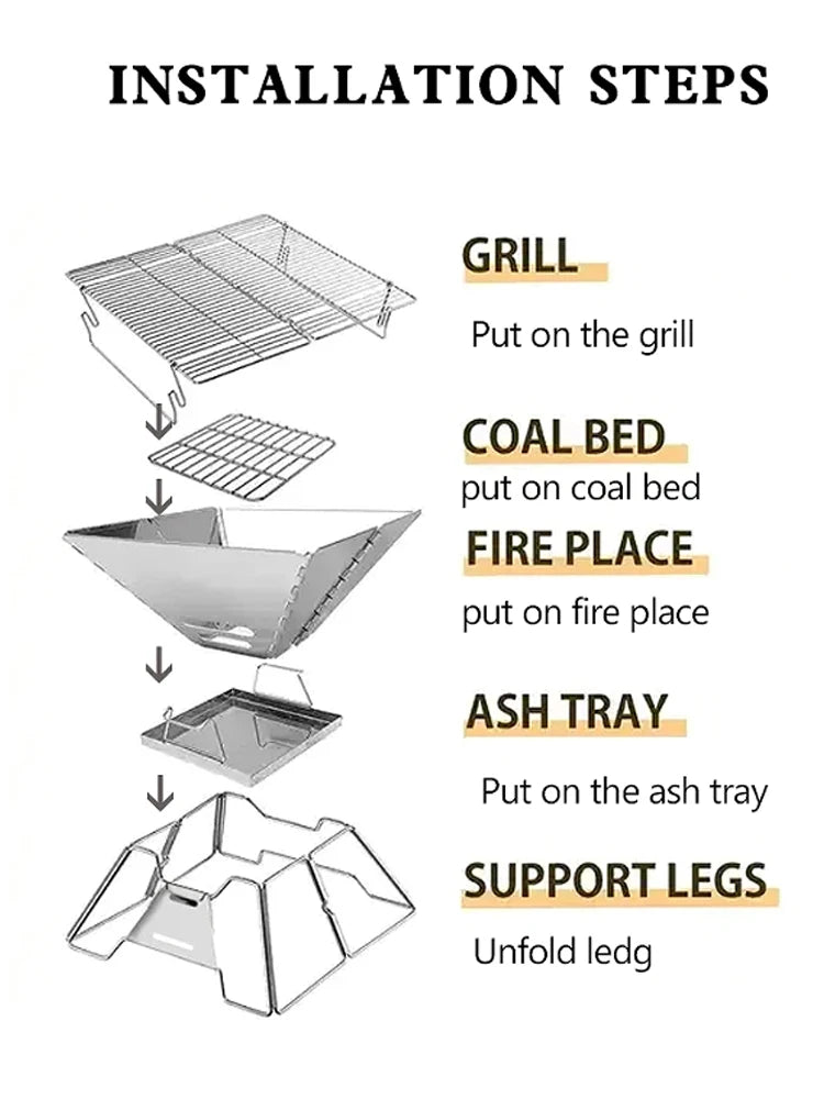 Folding Grill Fire Pit – Portable Stainless Steel BBQ & Camping Stove