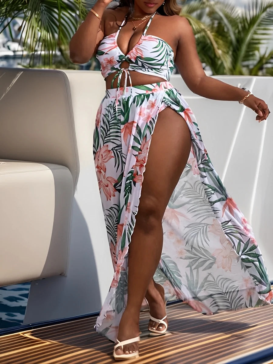 2024 Plus Size 3-Piece Halter Bikini Set with Long Skirt