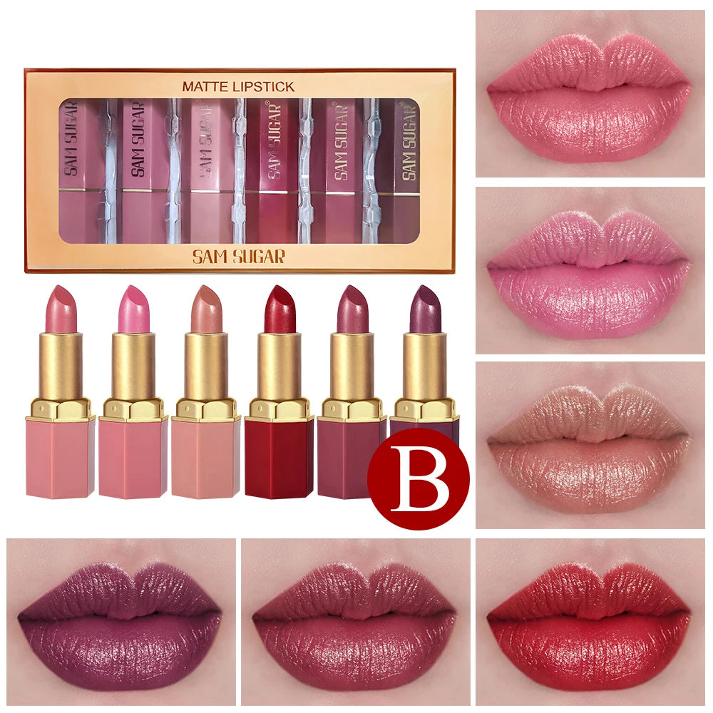 6PCS Gold Bar Matte & Glitter Lipstick Set – Velvet Pearlescent Finish