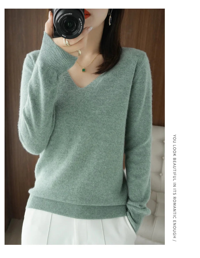 New Cashmere Women's V-neck Pullover Lace Neck Hollow Out Design Sweater: