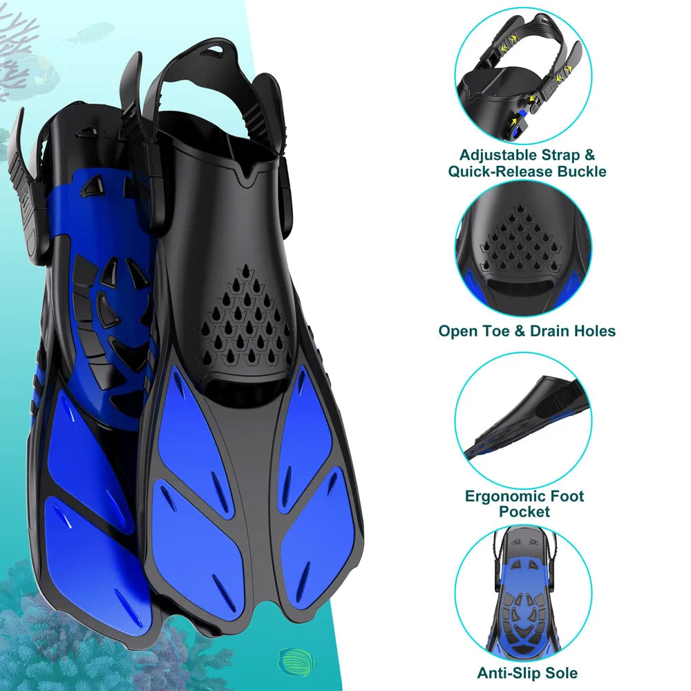 Adjustable Open-Heel Short Snorkel Fins for Adults