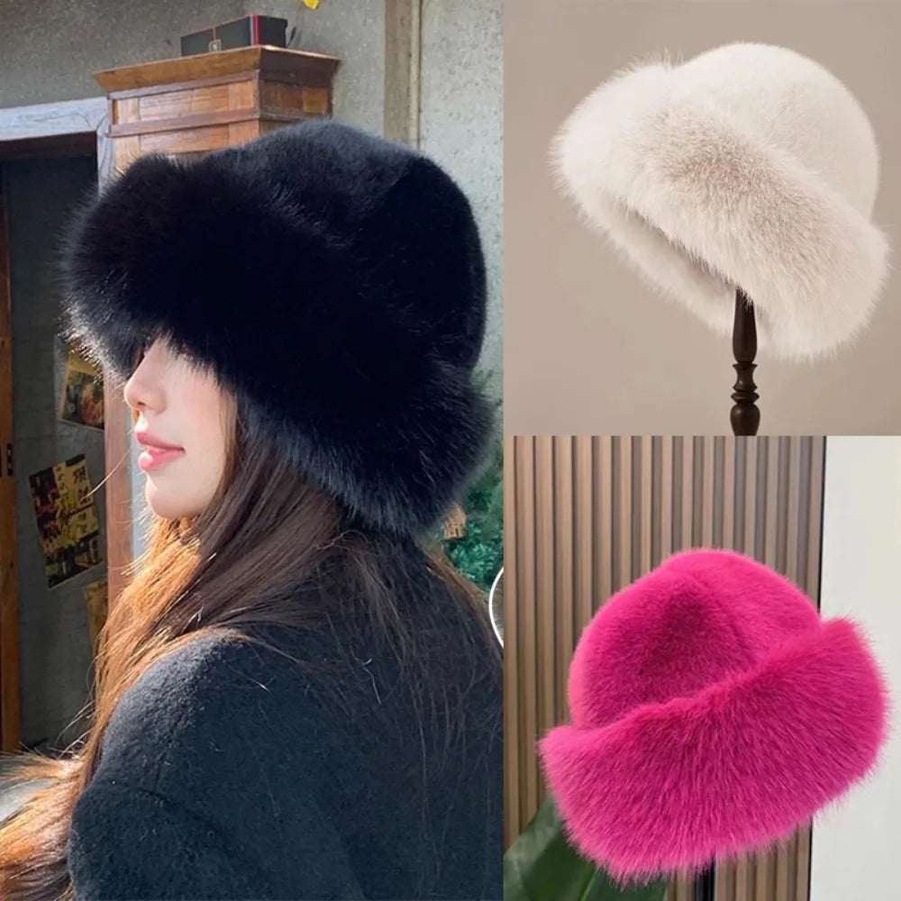 New Fluffy Fur Bucket Hat for Women: